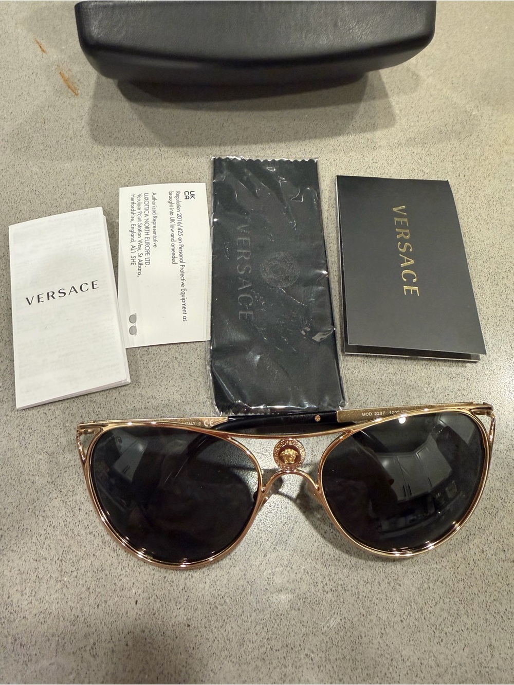 Versace Gold Frame Black Lens Sunglasses with Medusa Accent